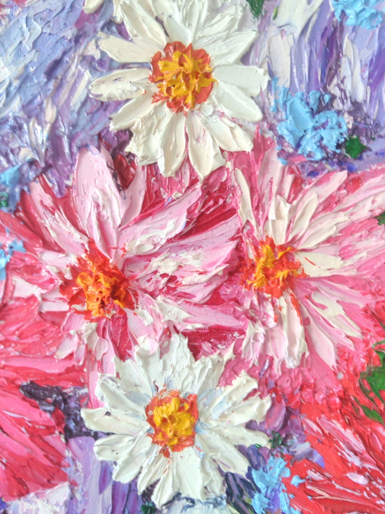 Gerbera Daisy Painting Palette Knife Oil Art Original Pink Etsy