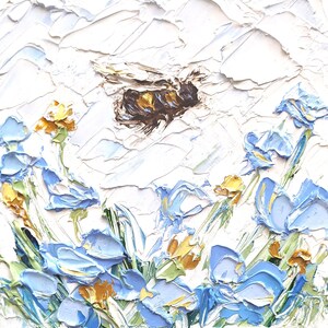 May include: A painting of a bee flying over a field of blue irises with yellow centers. The painting is done in a textured style with thick brushstrokes.