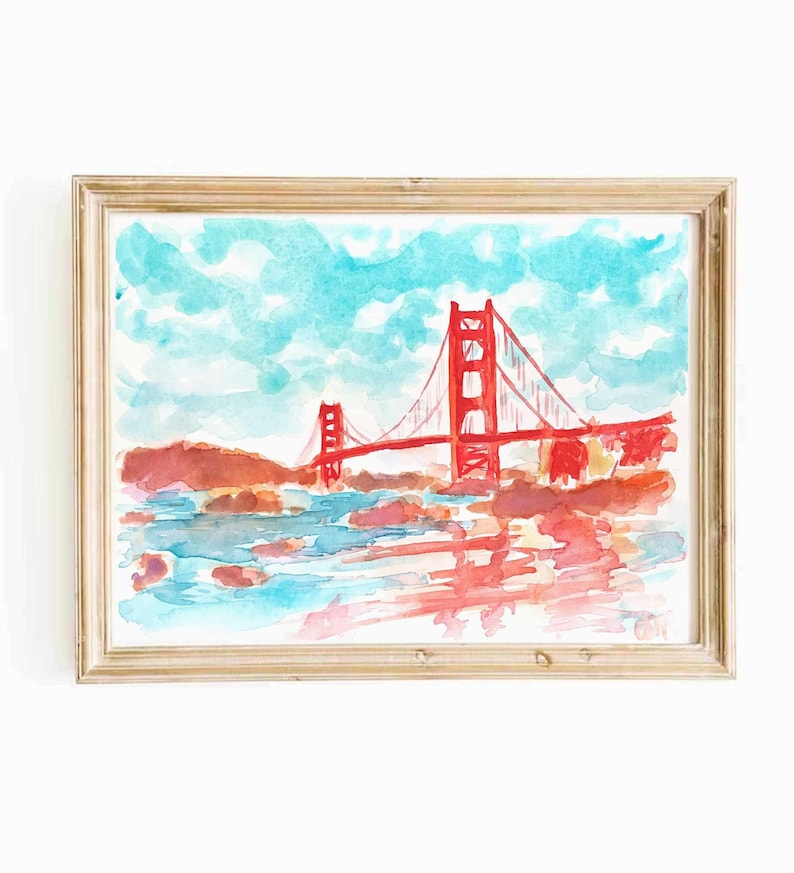 Colorful San Francisco California Watercolor Original Small Painting Golden Gate Bridge California City Artwork San Francisco Wall Art image 1