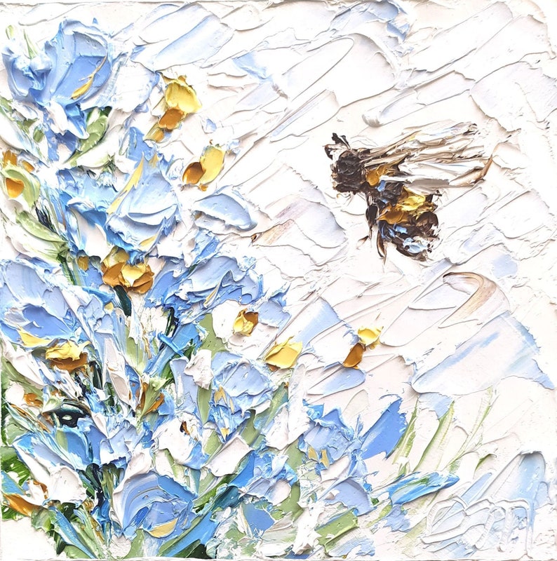 May include: A painting of a bee flying near a cluster of blue and white flowers with yellow centers. The flowers are painted with thick, textured strokes of paint, giving the painting a three-dimensional effect.