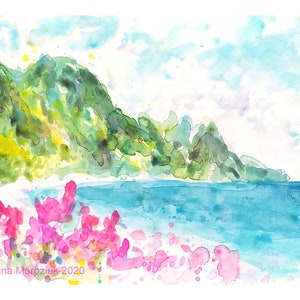 Colorful Hawaiian Beach Watercolor Original Painting Hawaii Island Summer Coastal Landscape Artwork Kauai Tunnels Beach Seascape Wall Art