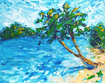 Hawaiian Beach Original Small Painting Coastal Landscape Palette Knife Palm Tree Artwork Hawaii Island Kauai Tropical Coast Wall Art