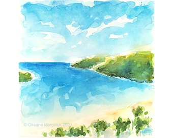 Aquarelle originale : Oahu Beach, oeuvre de paysage marin d'Hawaï, art mural côtier (8 x 8)
