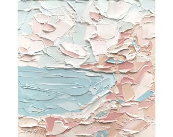 Abstrakte Amalfiküste Impasto Ölgemälde Spachtel Original Kunstwerk Gedämpfte Pastellfarbe Italien Seelandschaft Mediterrane Landschaft Wandkunst