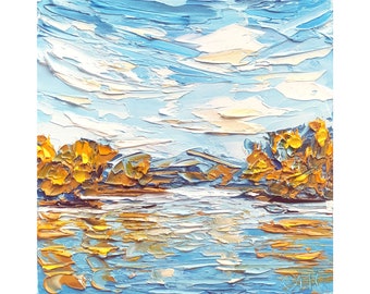 Vermont herfst landschap Impasto olieverfschilderij herfst bomen artwork Lake Champlain Paletmes 5 x 5 kleine originele kunst herfst natuur miniatuur