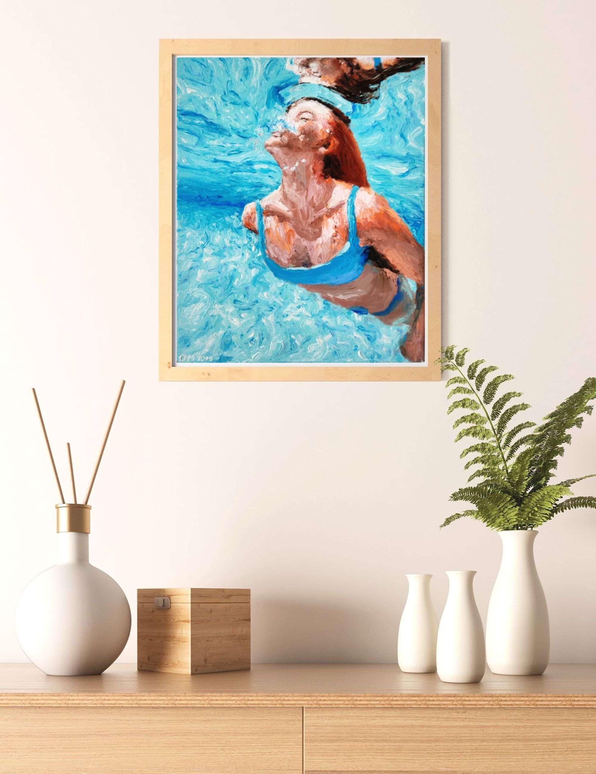 水中スイマー油絵オリジナル海を泳ぐ少女インパスト女性比喩的壁アート