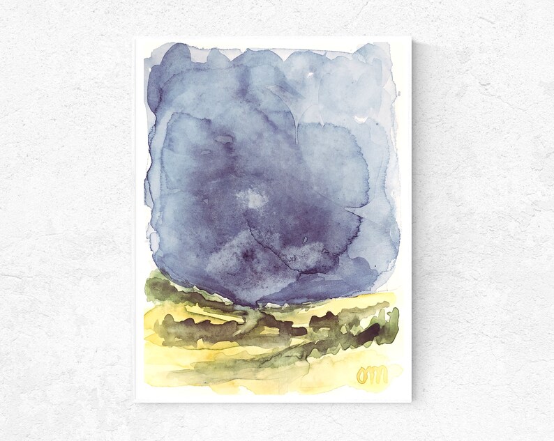 Indigo Blue Night Landscape Watercolor Original Small Painting Nature Artwork Navy Blue Night Sky Artwork Ireland Nocturnal Hills Wall Art image 4