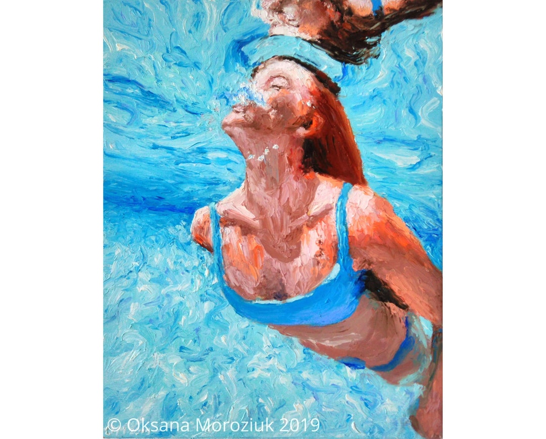 水中スイマー油絵オリジナル海を泳ぐ少女インパスト女性比喩的壁