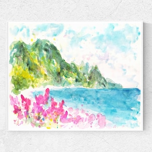 Colorful Hawaiian Beach Watercolor Original Painting Hawaii Island Summer Coastal Landscape Artwork Kauai Tunnels Beach Seascape Wall Art