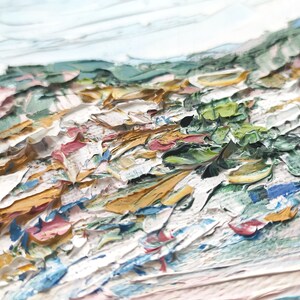 May include: Abstract oil painting with thick brushstrokes in shades of white, green, blue, pink, and yellow. The painting depicts a landscape with hills and valleys.
