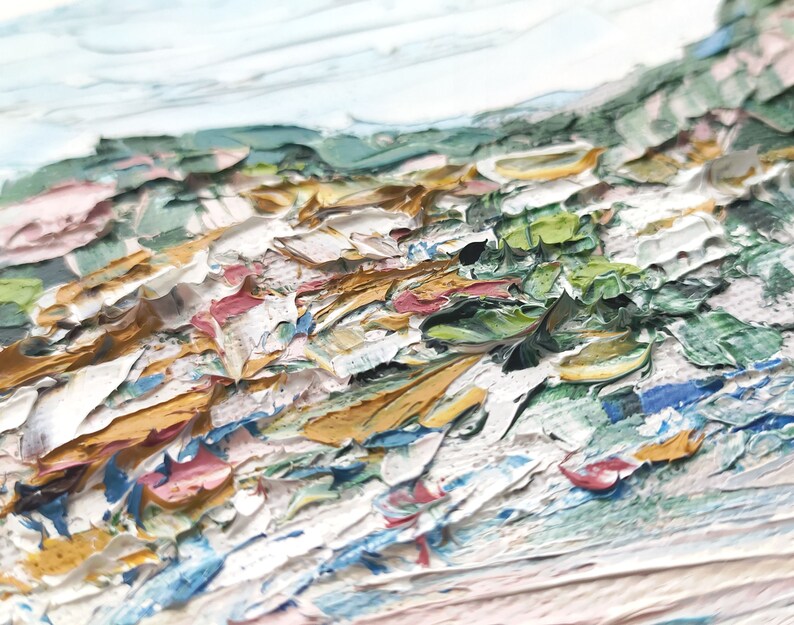 May include: Abstract oil painting with thick brushstrokes in shades of white, green, blue, pink, and yellow. The painting depicts a landscape with hills and valleys.