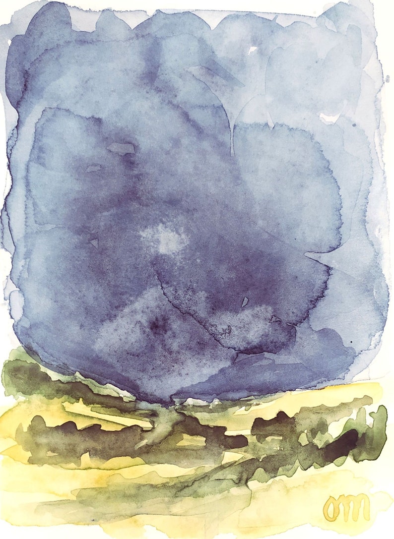 Indigo Blue Night Landscape Watercolor Original Small Painting Nature Artwork Navy Blue Night Sky Artwork Ireland Nocturnal Hills Wall Art image 2