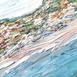 May include: A textured oil painting of a seascape with a green and brown hillside in the background and blue water in the foreground.