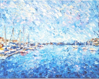 Italian Coast Impasto Oil Painting: Mediterranean Seascape, Palette Knife Wall Art