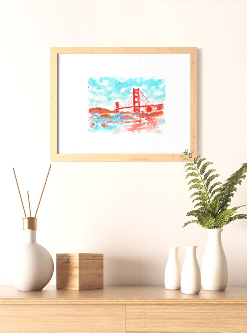 Colorful San Francisco California Watercolor Original Small Painting Golden Gate Bridge California City Artwork San Francisco Wall Art image 7