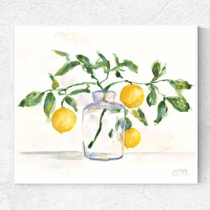Lemon Watercolor Original Painting Citrus Illustration Yellow Fruit Wall Art Lemon Branch Impressionist Artwork Garden Lemon Tree Decor