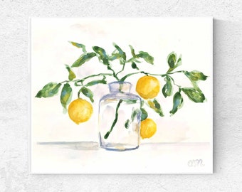 Lemon Watercolor Original Painting Citrus Illustration Yellow Fruit Wall Art Lemon Branch Impressionist Artwork Garden Lemon Tree Decor