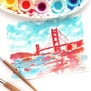 Colorful San Francisco California Watercolor Original Small Painting Golden Gate Bridge California City Artwork San Francisco Wall Art image 2