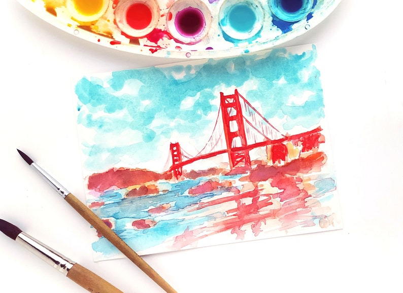 Colorful San Francisco California Watercolor Original Small Painting Golden Gate Bridge California City Artwork San Francisco Wall Art image 2