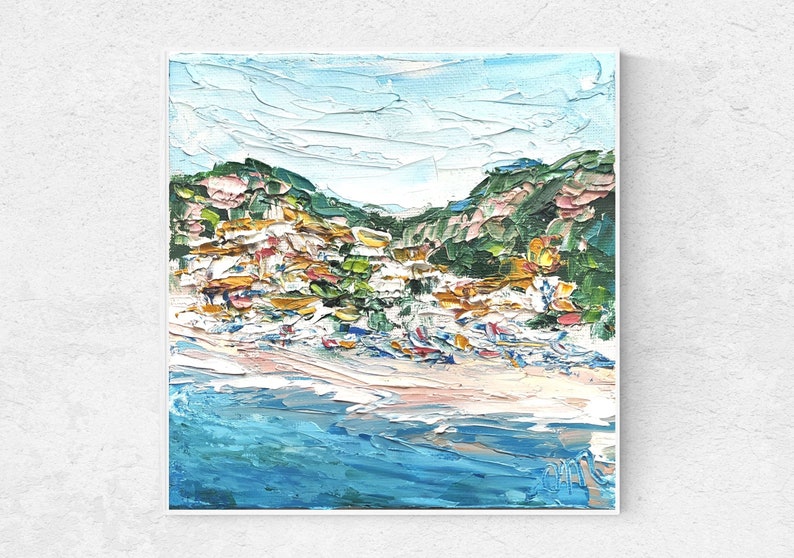 May include: A painting of a coastal town with colorful buildings on a hillside overlooking a blue ocean. The painting is done in a loose, impressionistic style with thick brushstrokes.