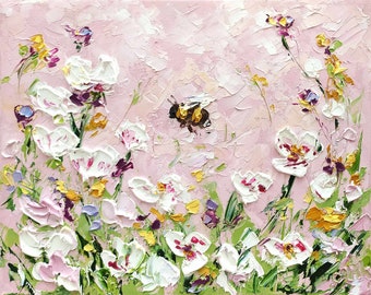 Bee Oil Painting Bumblebee Artwork Original Small Wall Art Palette Knife Impasto Wildflower Pastel Pink White Flower Artwork Honey Bee Decor