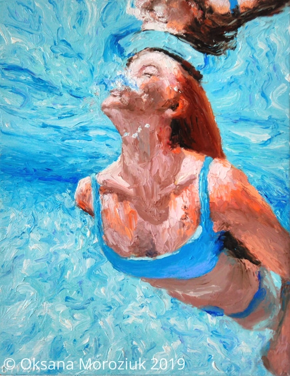 Swim 油絵 oil painting 絵画 原画 abstract 水中スイマー油絵オリジナル海を泳ぐ少女インパスト女性比喩的壁