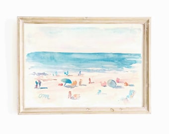 Pastel Beach Scene Watercolor Original Painting People on the Beach Artwork Coastal Seascape Wall Art California Landscape Ocean Wall Art