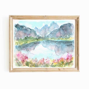 Grand Teton Mountain Lake Jenny Aquarell Original Gemälde Nationalpark Teton Montains Natur Landschaft See Kunstwerk Reise Wandkunst