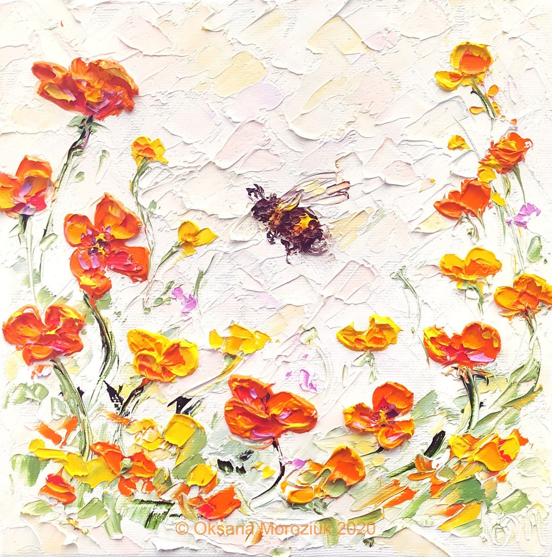 Bee Oil Painting Bumblebee Original Oil Artwork Palette Knife Impasto ...