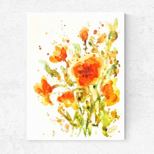 Abstract California Poppy Watercolor Original Painting Orange Flower Artwork Colorful Floral Illustration Orange Poppy Artwork Boho Wall Art