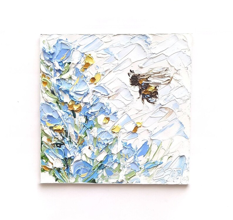 Bee Impasto Original Oil Painting Pastel Blue Flower Small Artwork ...