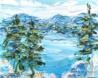 タホ湖のインパスト油絵 カリフォルニア海岸のアートワーク 山の湖の壁画 パレットナイフのオリジナルアートワーク ブルーレイクのテクスチャ壁画