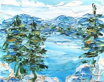 Lake Tahoe Impasto Oil Painting California Coast Artwork Mountain Lake Wall Art Palette Knife Original Artwork Blue Lake Textured Wall Art