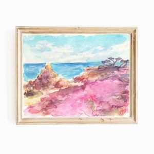 Colorful California Coast Watercolor Original Small Painting Lovers Point Monterey Artwork Pacific Grove Wall Art Purple Flowers Seascape