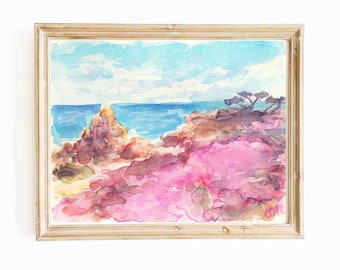 Colorful California Coast Watercolor Original Small Painting Lovers Point Monterey Artwork Pacific Grove Wall Art Purple Flowers Seascape