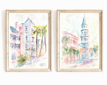 Charleston South Carolina Original Watercolor Painting Set Of 2  Pastel Pink Blue Artwork Rainbow Row Street Pastel Pink House Wall Art