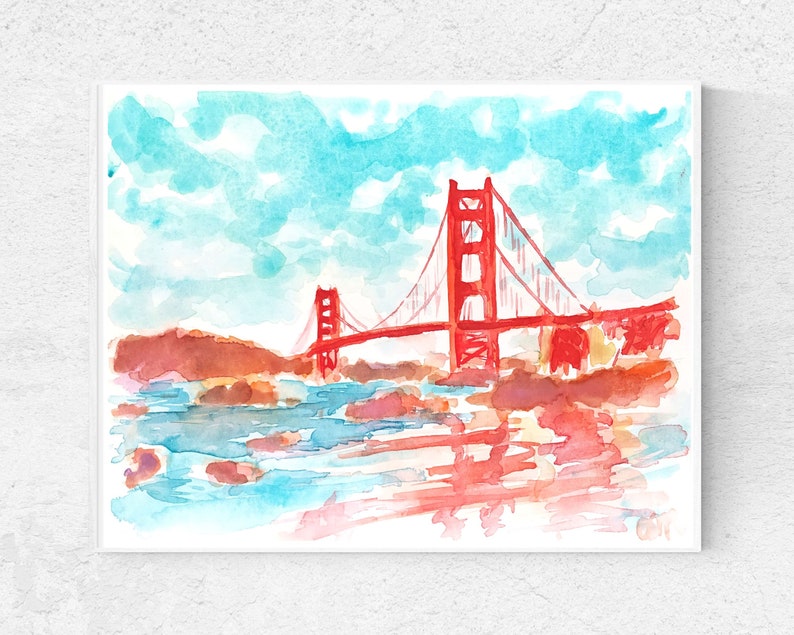 Colorful San Francisco California Watercolor Original Small Painting Golden Gate Bridge California City Artwork San Francisco Wall Art image 6