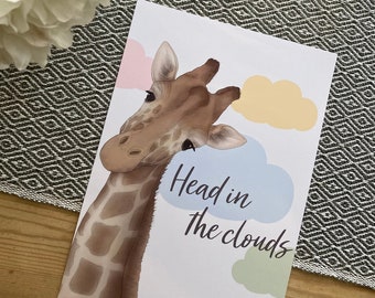 Giraffe Pastel Clouds Nursery Print with quote 'Head in the clouds' - Hand Drawn Digital Illustration with free postage!