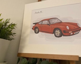 Porsche 911 with Personalised License Plate - Hand Drawn Digital Illustration with free postage!