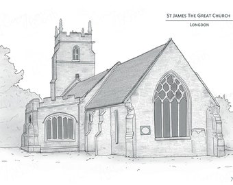 St James The Great Church - Longdon, Rugeley - Hand Drawn Digital Illustration with free postage - Perfect personal wedding gift!