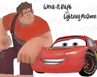 Wreck It Ralph and Lightning McQueen / Cars - Disney / Pixar Hand Drawn Digital Illustration Print with free postage and personalisation!