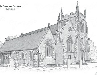 St Oswald's Church - Burneside, Kendal - Hand Drawn Digital Illustration with free postage - Perfect personal wedding gift!