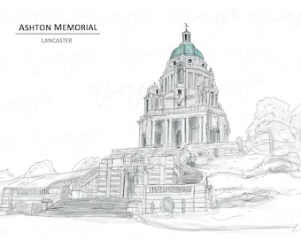 Ashton Memorial - Williamsons Park, Lancaster - Hand Drawn Digital Illustration with free postage - Perfect personal wedding gift!