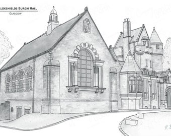 Pollokshields Burgh Hall - Glasgow - Hand Drawn Digital Illustration with free postage - Perfect personal wedding gift!