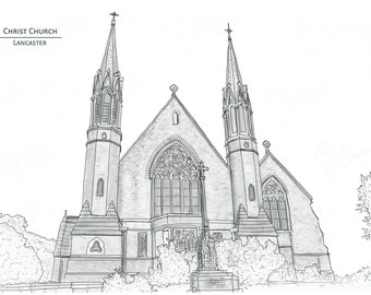 Christ Church - Lancaster, Lancashire - Hand Drawn Digital Illustration with free postage - Perfect personal wedding gift!