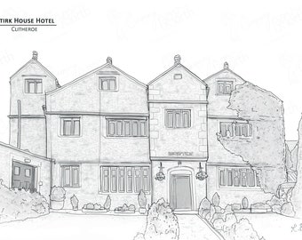 Stirk House Hotel - Clitheroe - Hand Drawn Digital Illustration with free postage - Perfect personal wedding gift!