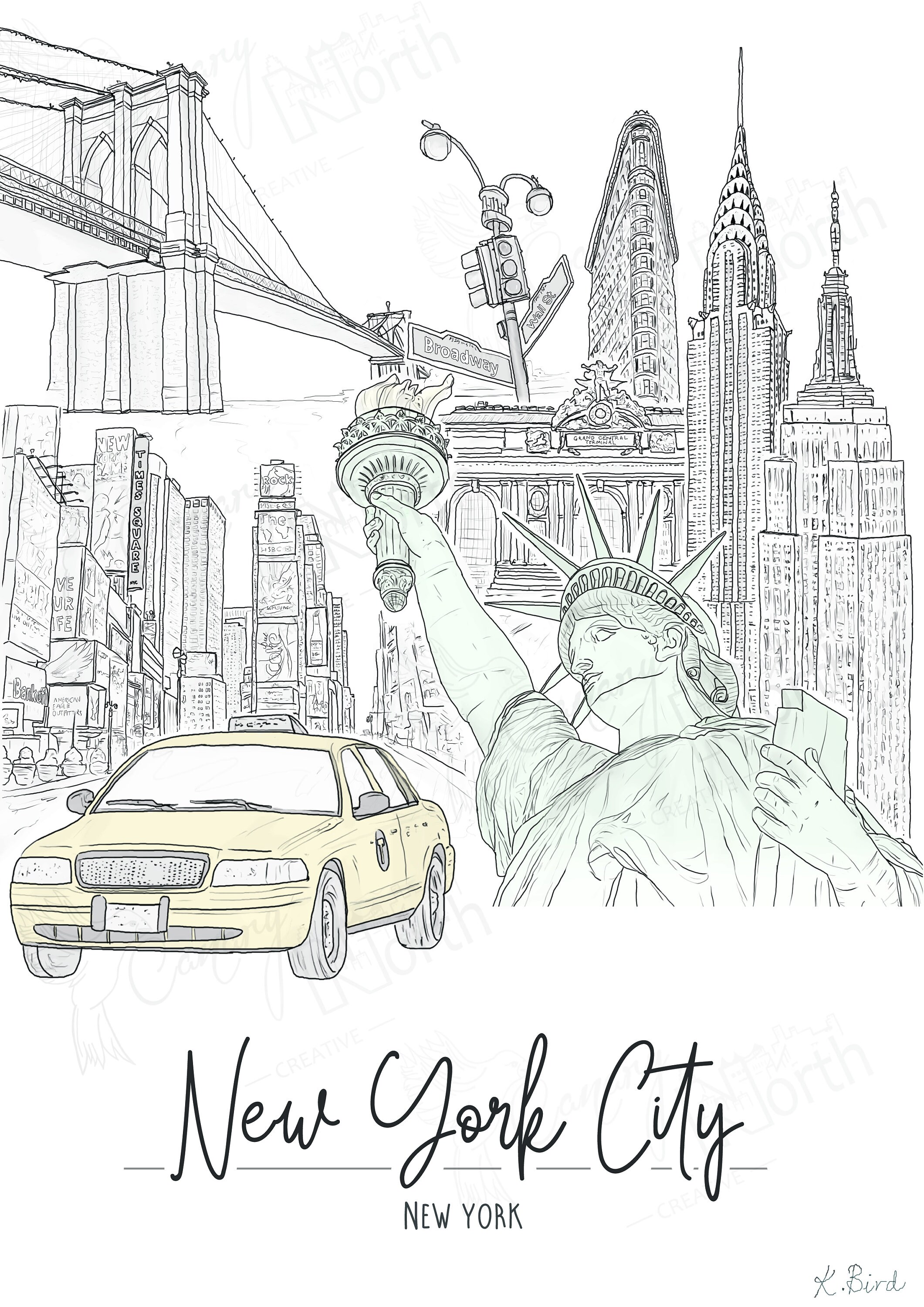 New York City Coloured Cityscape NYC City Skyline Digital Etsy