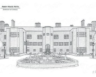 Abbey House Hotel - Barrow-In-Furness - Hand Drawn Digital Illustration with free postage - Perfect personal wedding gift!