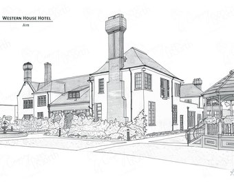 Western House Hotel - Ayr - Hand Drawn Digital Illustration with free postage - Perfect personal wedding gift!