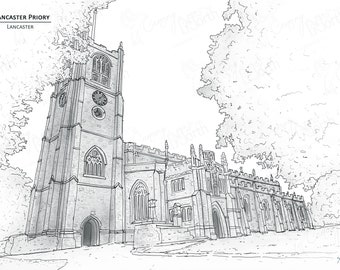 Lancaster Priory - Lancashire - Hand Drawn Digital Illustration with free postage - Perfect personal wedding gift!